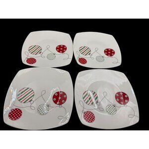 NIB Set Of 4 Christmas Dessert Plates Red & White Polka Dot Ornaments BOXED